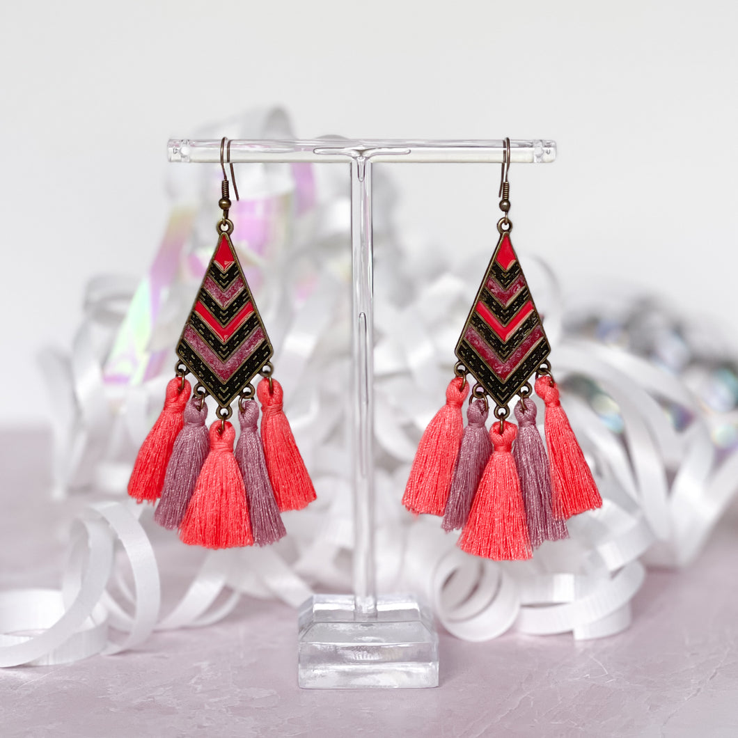 '80s Inspired Pink Diamond-Shaped Tassel Earrings